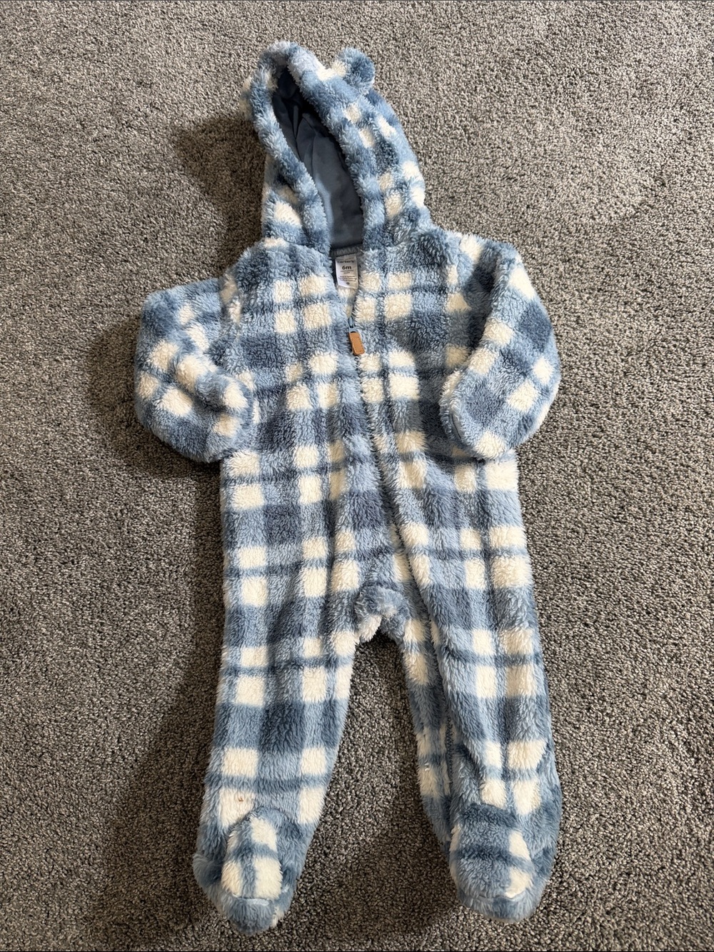 Carter's Blue and Cream Fuzzy Plaid Hooded Footed One-Piece